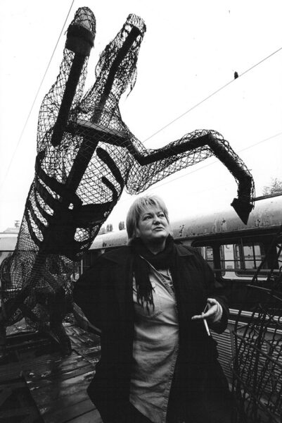 Alma with one of her sculptures, Sarajevo, Bosnia and Herzigovina
